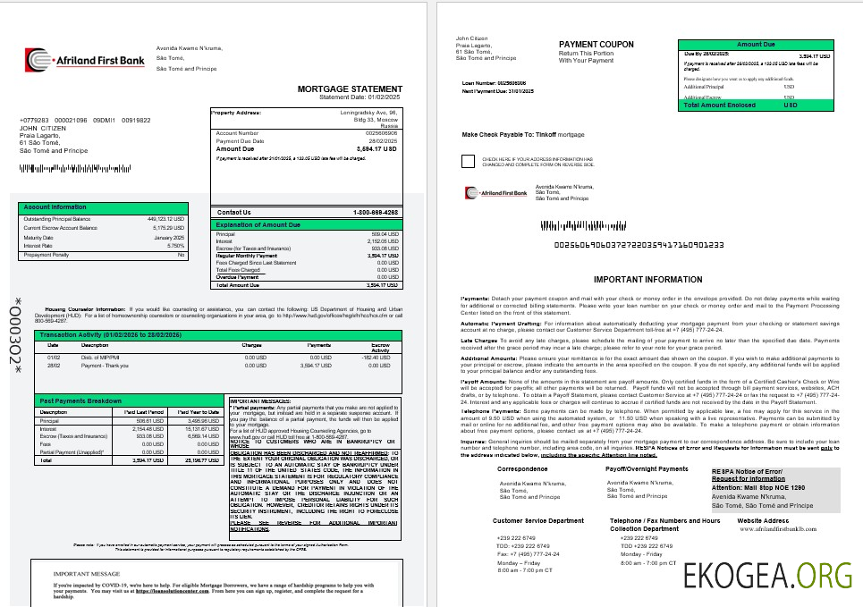 Sao Tomé et Principe Afriland Premier relevé hypothécaire bancaire aux formats Word et PDF 1 , 2
